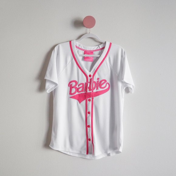 pink and white baseball jersey